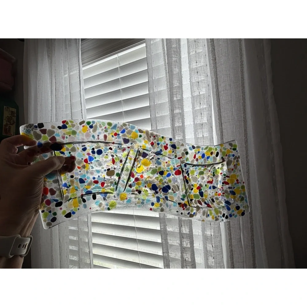 Fused Art‎ Glass Confetti Divided Serving Tray 3 Section Handmade 17